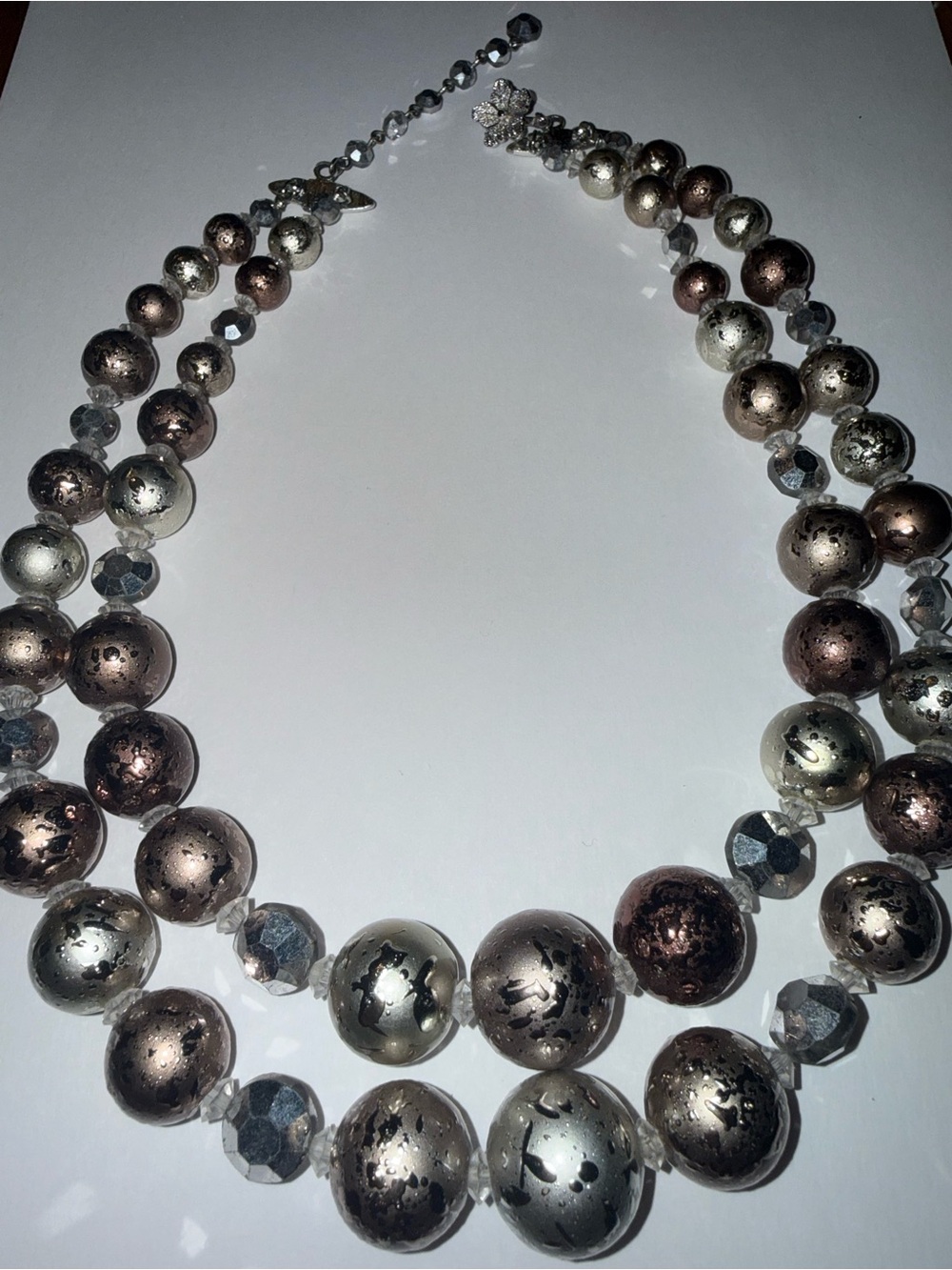 Vintage Signed Vendome Two-Strand Metallic Bronze & Silver Beaded Necklace